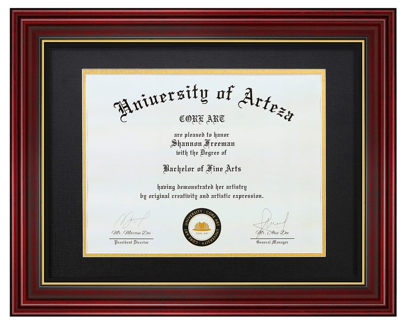 CORE ART 11x14 Diploma Frame Display Certificates 8.5 x 11 with Black Mat or Documents 11 x 14 without Mat, College Degree Wooden Frame with Tempered Glass for Wall and Tabletop Display(Cherry Red) - Image 1